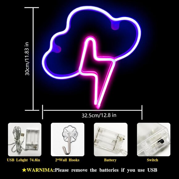 Cloud and Lightning Neon Signs USB Battery LED Wall Decor for Kids Room Party - Picture 5 of 8